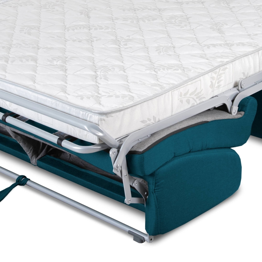 Canapé convertible 3 places en tissu bleu pétrole ouverture express matelas 14 cm