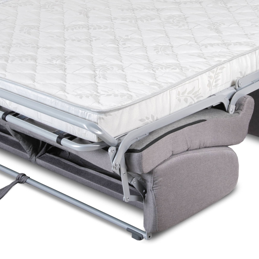 Canapé convertible 3 places en tissu gris clair ouverture express matelas 14 cm