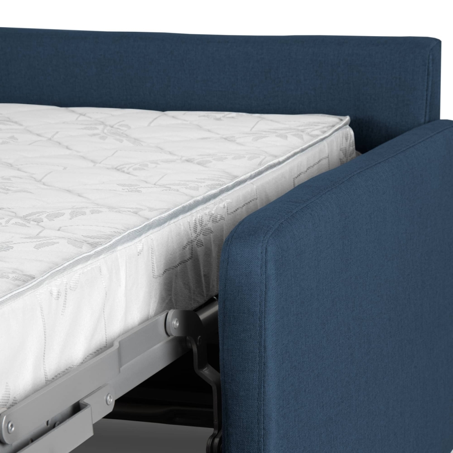 Canapé convertible 3 places en tissu bleu denim ouverture express, accoudoirs slim