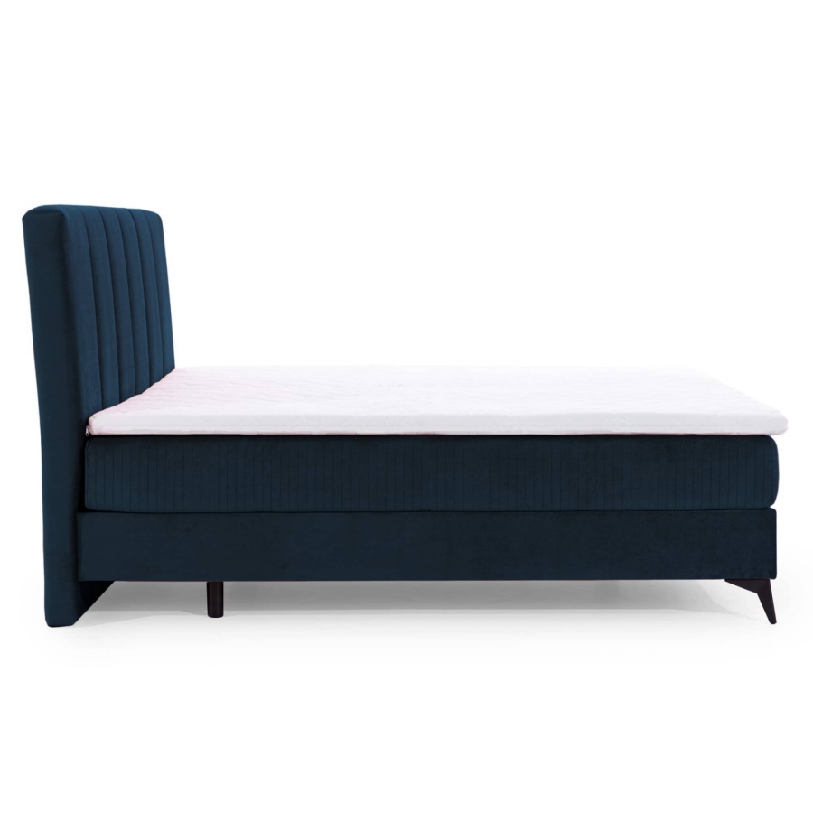 Lit boxspring 140x200 avec coffre de rangement en velours bleu foncé JOSIE