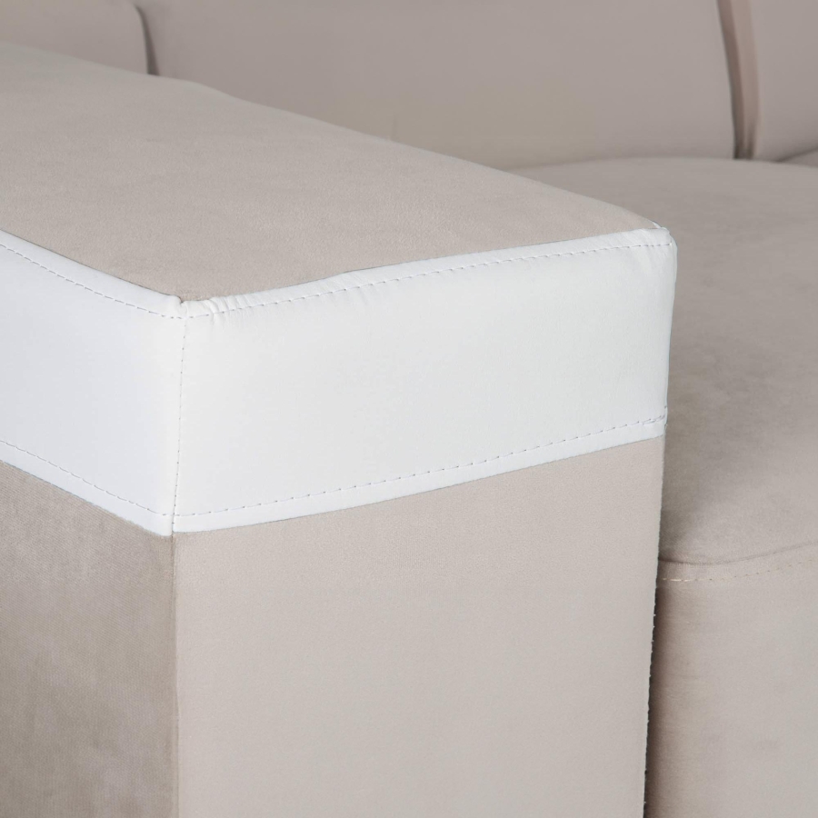 Canapé d’angle convertible réversible en tissu velours beige et simili cuir blanc