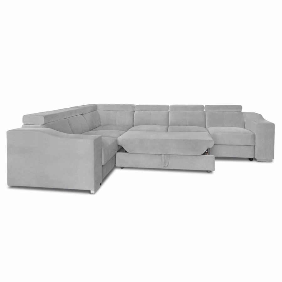 Canapé d’angle convertible réversible en tissu velours gris clair