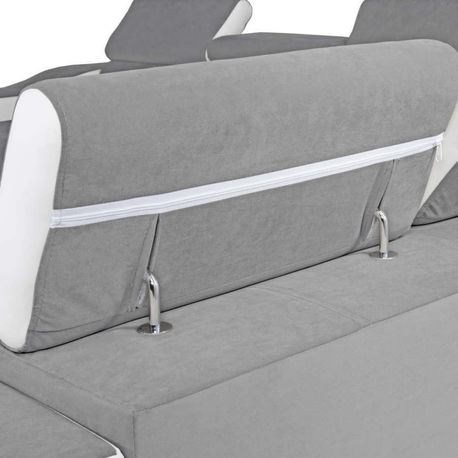 Canapé d’angle convertible réversible en tissu velours gris clair et simili cuir blanc