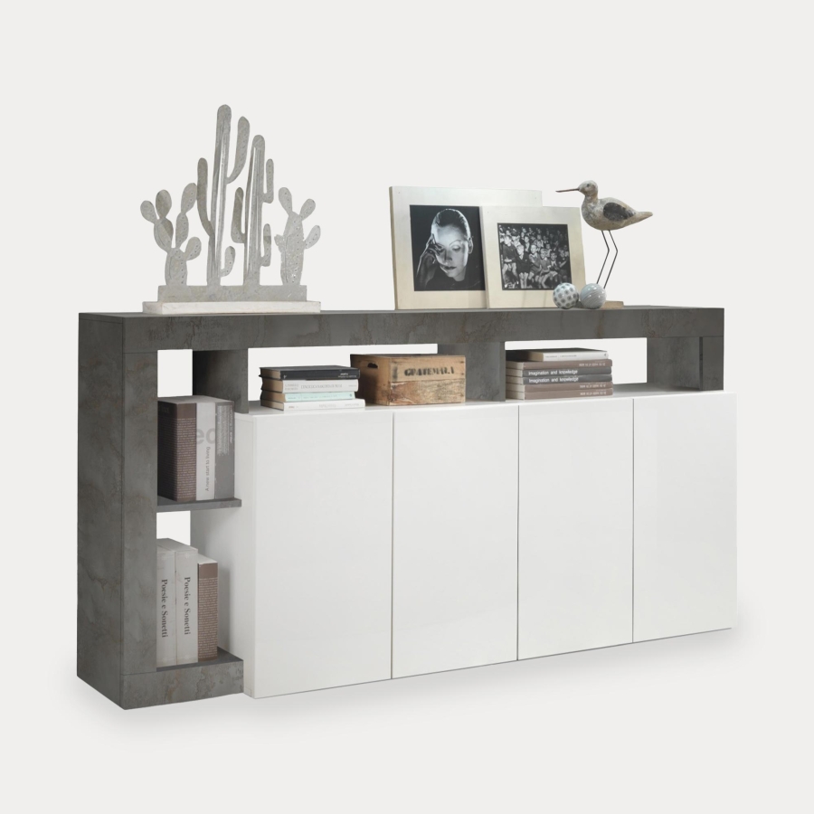 Buffet 4 portes et 4 niches gris et blanc