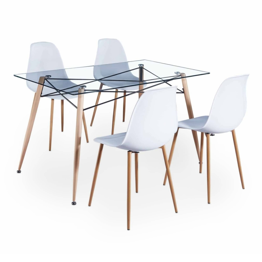 Table en verre avec 4 chaises blanches scandinaves