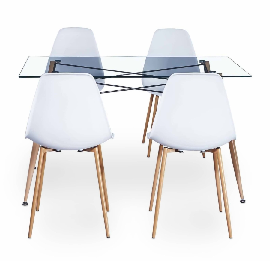 Table en verre avec 4 chaises blanches scandinaves