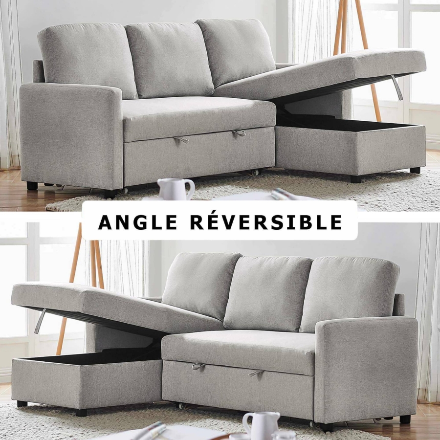 Canapé convertible avec coffre de rangement angle réversible en tissu gris