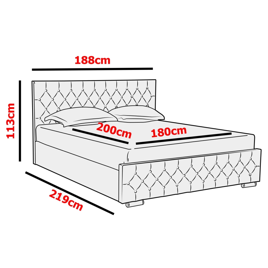 Lit double capitonné 180x200 cm avec coffre en velours gris