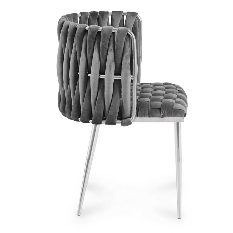 Lot de 2 chaises en velours tressé gris et pieds argentés